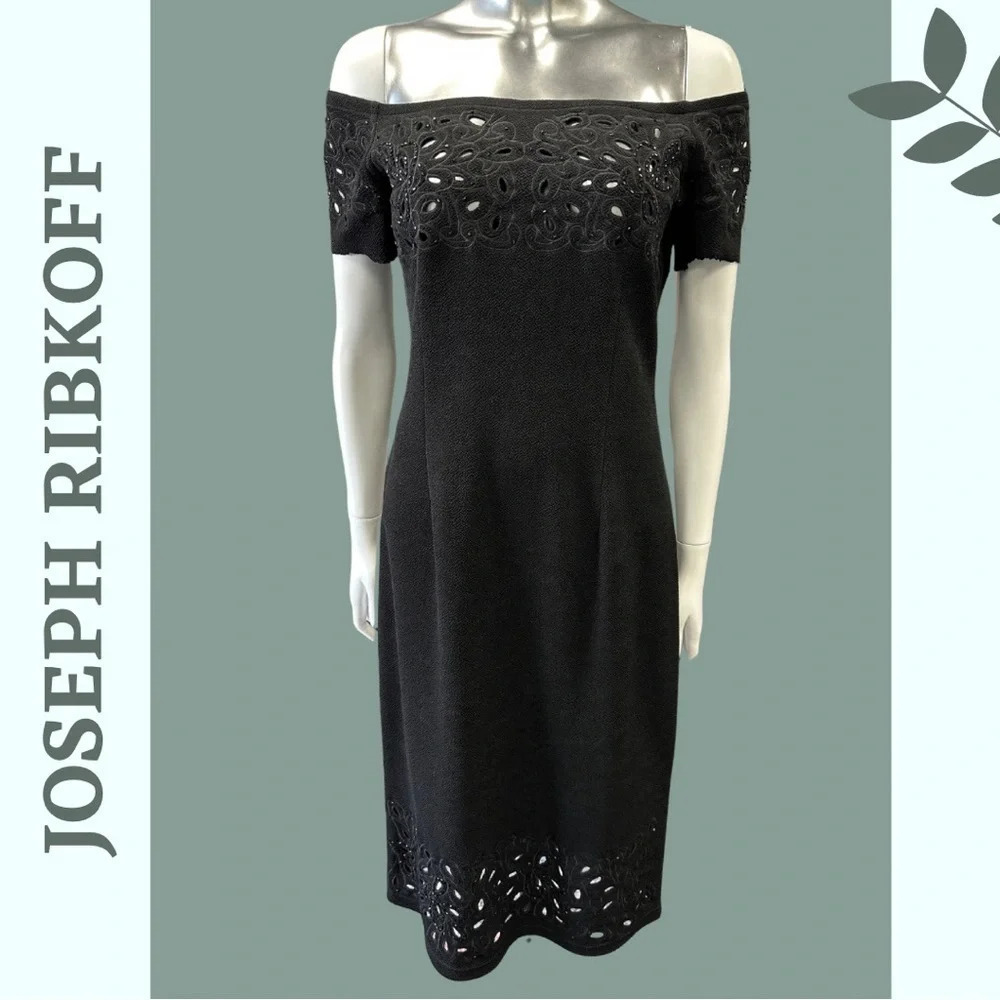 Joseph Ribkoff Off the Shoulder Little Black Dress Cut Out Beaded Embroidered 8